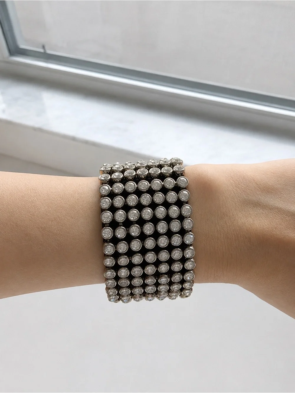 Silver Tone Multi-Row Rhinestone Statement Stretch Bracelet